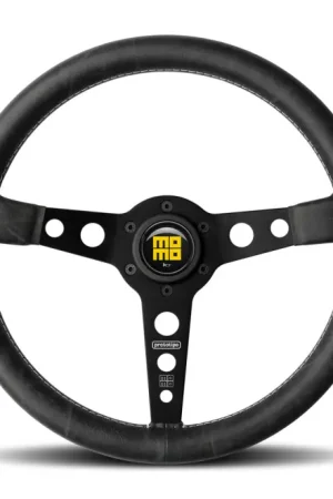 Popular Momo Prototip Heritage Steering Wheel 350 mm - Black Leather/White Stitch/Black Spokes