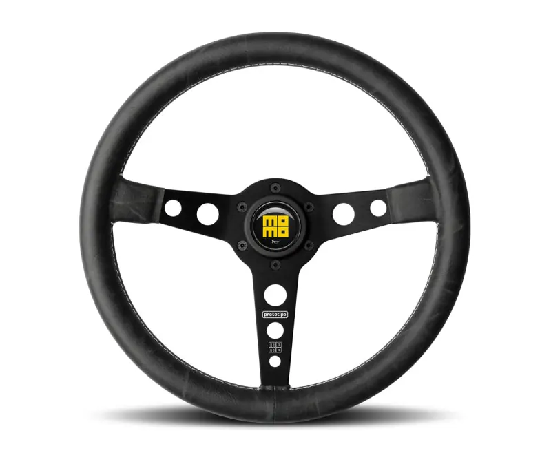 Popular Momo Prototip Heritage Steering Wheel 350 mm - Black Leather/White Stitch/Black Spokes