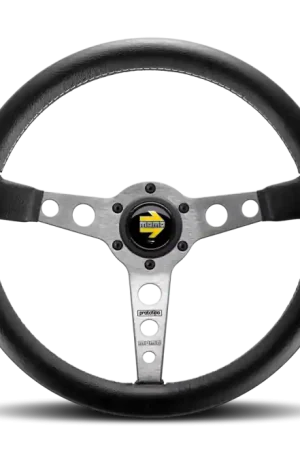 Momo Prototipo Steering Wheel 350 mm - Black Leather/Wht Stitch/Brshd Spokes Clearance