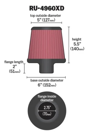 K&N Filter Universal Clamp-On Filter-Round Tapered 2.75in Flange ID x 6in Base OD x 5in Top OD Buy Today