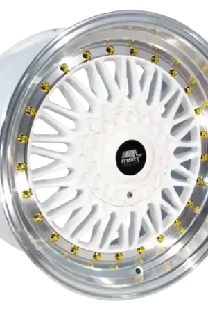 MST Wheels MT13 4x100/4x114.3 15x8.0 +20 White w/Machined Lip Gold Rivets Special Offer
