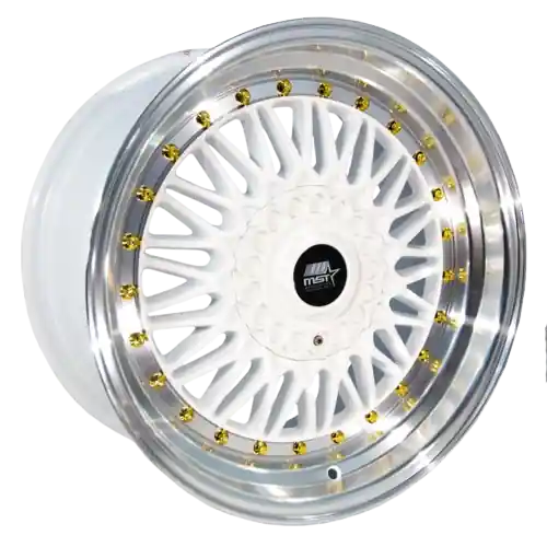 MST Wheels MT13 4x100/4x114.3 15x8.0 +20 White w/Machined Lip Gold Rivets Special Offer