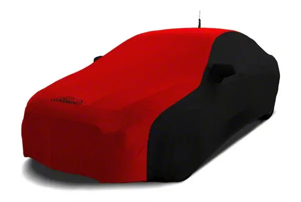 Coverking Satin Stretch Indoor Car Cover with Rear Roof Shark Fin Antenna Pocket; Black/Red Mega Sale