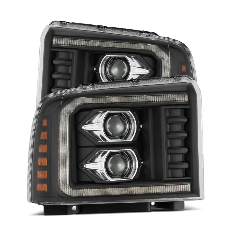 Place Order AlphaRex 05-07 Ford F250/350/450/550 Super Duty PRO-Series Proj. Headlights Blk w/Seq Sig. + SWB DRL