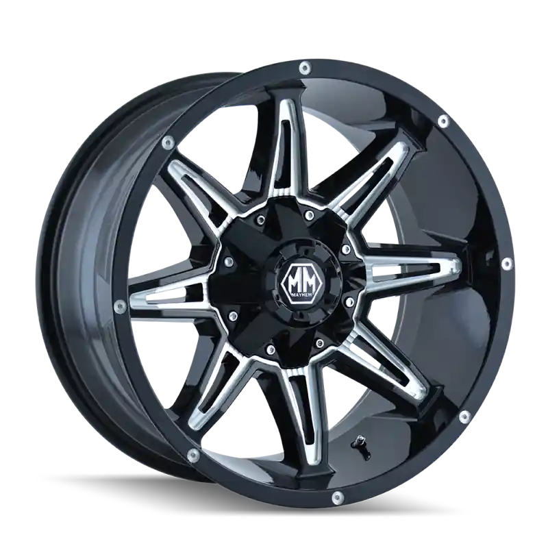 Free Returns Mayhem 8090 Rampage 20x9 / 6x135 BP / 18mm Offset / 106mm Hub Black w/ Milled Spokes Wheel