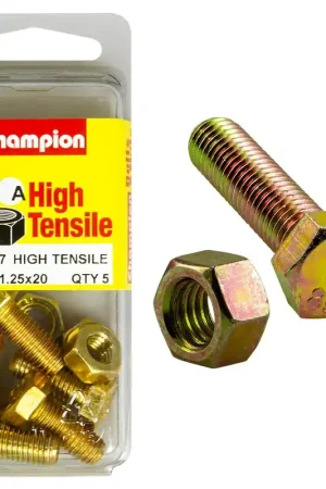 Fresh Stock Champion Pack of 5 (5x Hex Set Screws, 5x Nuts) M8 x 20mm High Tensile Grade 8.8, Zinc Plated- BM47
