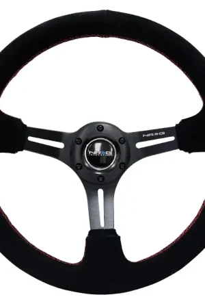 NRG Reinforced Steering Wheel 350mm Suede 3in Deep Slotted Black w/Red Stitch Warranty Included