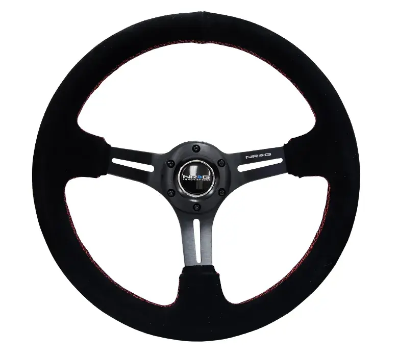 NRG Reinforced Steering Wheel 350mm Suede 3in Deep Slotted Black w/Red Stitch Warranty Included