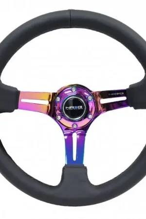 NRG Reinforced Steering Wheel - 350mm / 3in. Deep - Black Leather and Stitch w/Neochrome Slit Professional Grade