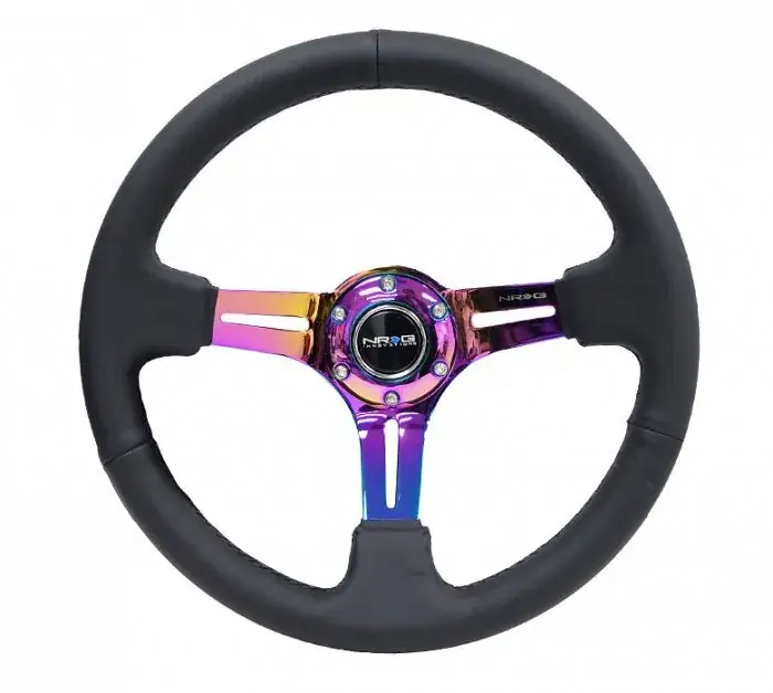 NRG Reinforced Steering Wheel - 350mm / 3in. Deep - Black Leather and Stitch w/Neochrome Slit Professional Grade