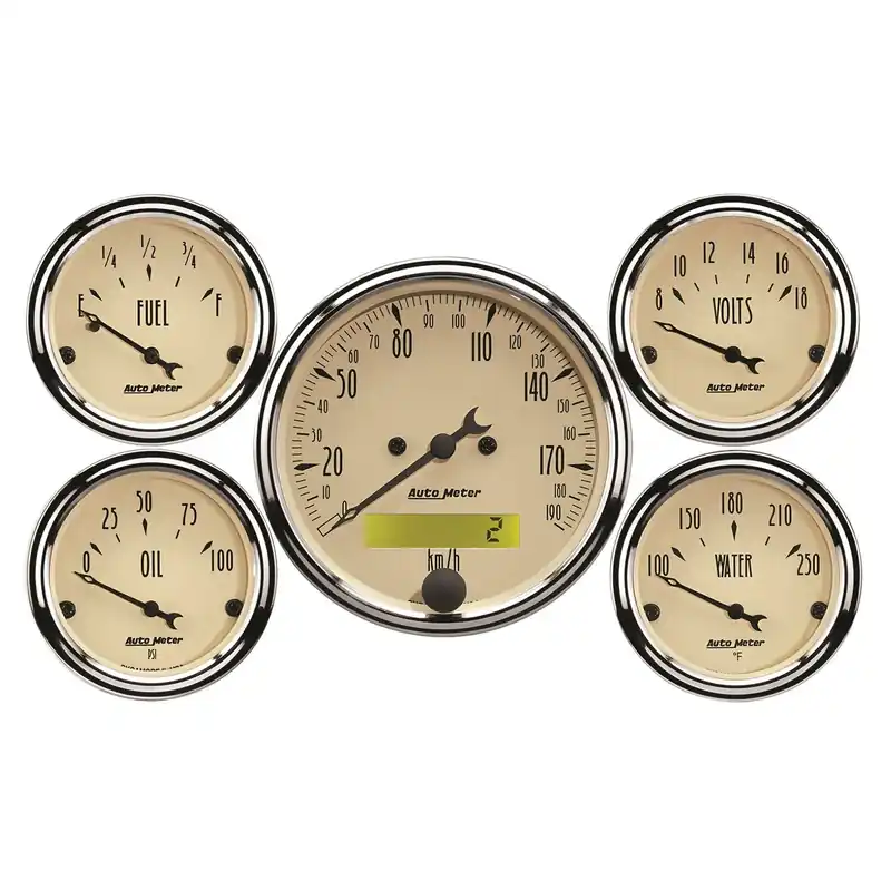 High Quality Autometer 5 pc. Gauge Kit 3-1/8" & 2-1/16" Electric Speedometer KM/H Antique Beige