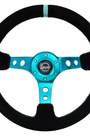NRG NRG Reinforced Steering Wheel (350mm/ 3in. Deep) Black Suede/ Teal Center Mark/ Teal Stitching Must Have