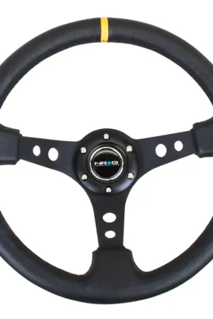 NRG NRG Reinforced Steering Wheel (350mm / 3in. Deep) Blk Leather w/Blk Cutout Spoke/Yellow Center Mark Free Shipping