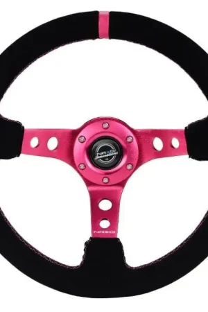Worldwide Shipping NRG NRG Reinforced Steering Wheel (350mm/ 3in. Deep) Black Suede/ Fushia Center Mark/ Fushia Stitching