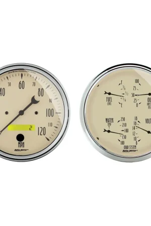 Warranty Included Autometer 2 pc. Gauge Kit 5" Quad & Speedo Electric 240-33 ohm - Antique Beige