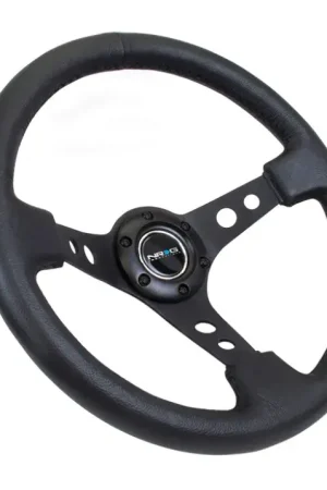 Last Chance NRG NRG Reinforced Steering Wheel (350mm / 3in. Deep) Blk Leather w/Blk Spoke & Circle Cutouts