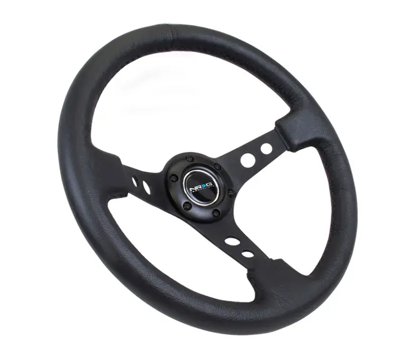 Last Chance NRG NRG Reinforced Steering Wheel (350mm / 3in. Deep) Blk Leather w/Blk Spoke & Circle Cutouts