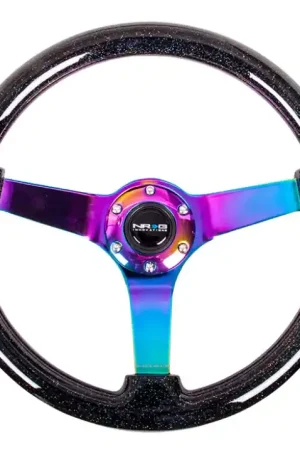 Modern NRG NRG Reinforced Steering Wheel (350mm / 3in. Deep) Classic Blk Sparkle w/4mm Neochrome 3-Spoke Center