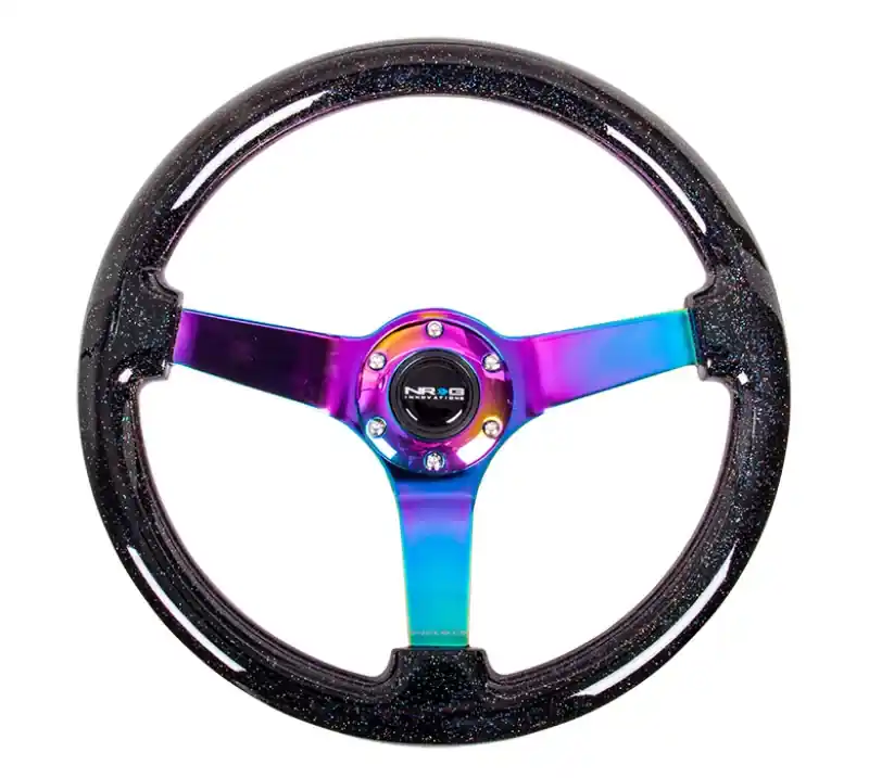 Modern NRG NRG Reinforced Steering Wheel (350mm / 3in. Deep) Classic Blk Sparkle w/4mm Neochrome 3-Spoke Center