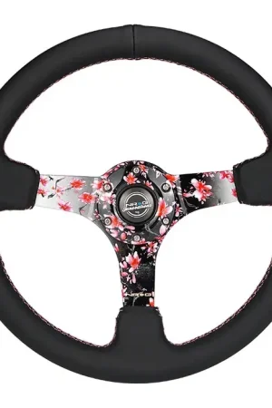 NRG NRG Reinforced Steering Wheel (350mm) 3in Deep Pink Sakura Floral Solid Spoke - Black Suede/Stitch Original