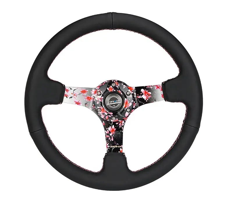 NRG NRG Reinforced Steering Wheel (350mm) 3in Deep Pink Sakura Floral Solid Spoke - Black Suede/Stitch Original
