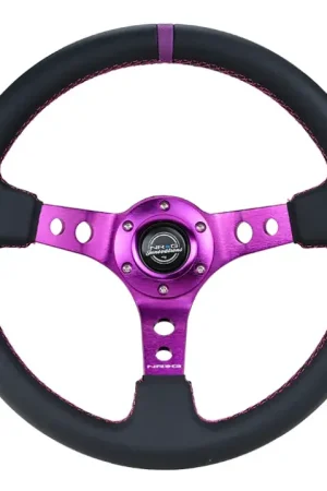 Grab Now NRG NRG Reinforced Steering Wheel (350mm / 3in. Deep) Black Leather w/Purple Center & Purple Stitching