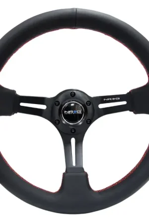 NRG NRG Reinforced Steering Wheel (350mm / 3in. Deep) Black Leather/Red Stitch & Blk 3-Spoke w/Slits Limited Time