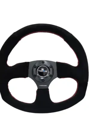 NRG Reinforced Steering Wheel Flat Bottom Suede w/Red Stitch Bargain