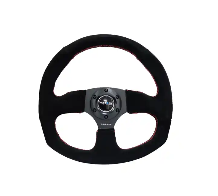 NRG Reinforced Steering Wheel Flat Bottom Suede w/Red Stitch Bargain
