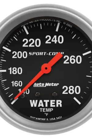Autometer 2-5/8" Water Temperature 140-280 °F 6 Ft. Mechanical Sport-Comp Top Rated