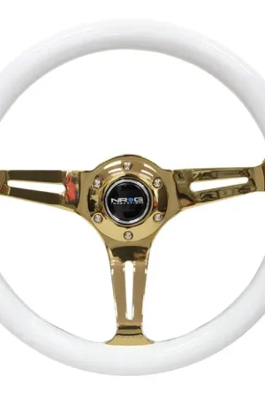 NRG NRG Classic Wood Grain Steering Wheel (350mm) White Grip w/Chrome Gold 3-Spoke Center Wholesale