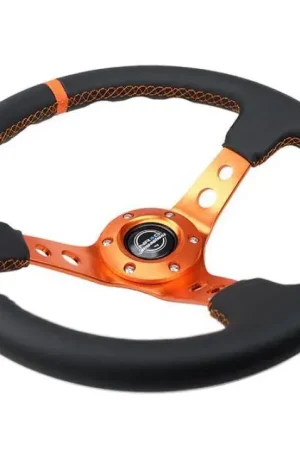 Price Drop NRG NRG Reinforce Steering Wheel (350mm / 3in. Deep) Blk Leather, Orange Center Mark w/ Orange Stitching
