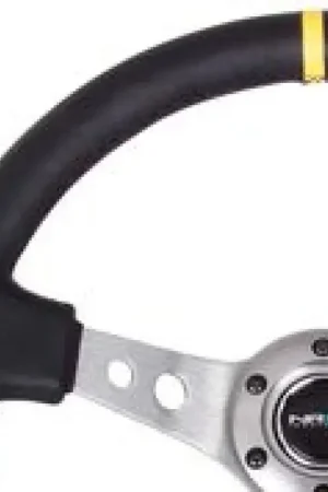 NRG NRG Reinforced Steering Wheel (350mm / 3in. Deep) Blk Leather w/Gunmetal Cutout Spoke & Yellow CM Wholesale
