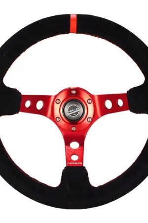 NRG NRG Reinforced Steering Wheel (350mm / 3in. Deep) Blk Leather/Red Stitch w/Red Spoke Place Order
