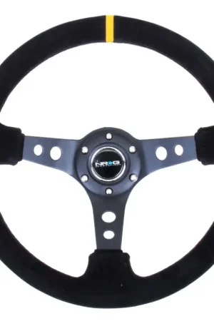 NRG NRG Reinforced Steering Wheel (350mm / 3in. Deep) Blk Suede w/Circle Cut Spokes & Single Yellow CM Markdown
