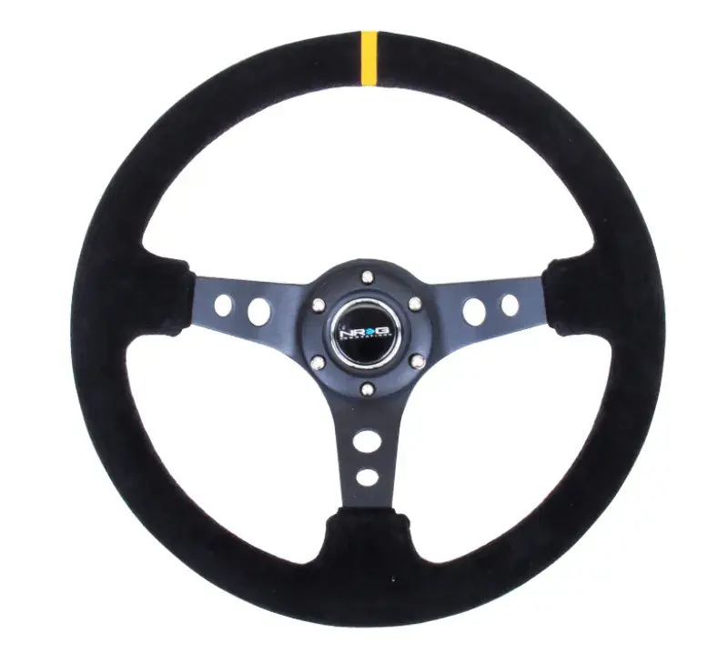 NRG NRG Reinforced Steering Wheel (350mm / 3in. Deep) Blk Suede w/Circle Cut Spokes & Single Yellow CM Markdown
