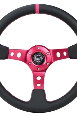 Worldwide Shipping NRG NRG Reinforced Steering Wheel (350mm/3in. Deep) Black Leather/ Fushia Center Mark/ Fushia Stitching