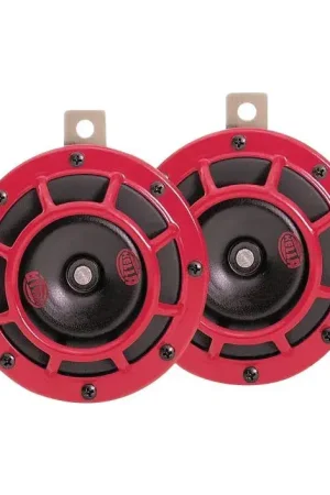 Hella Pkt 2 Disc Horn 12V Super Tone 118Db Black W/Red Grille 123mm Authentic