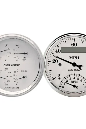 Autometer 2 Pc. Gauge Kit 3-3/8" Quad & Tach/Speedo Electric 240-33 ohm Old Tyme White Low Price