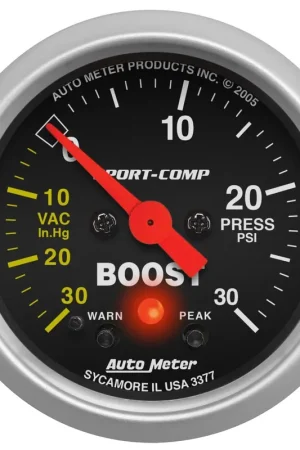 Autometer 2-1/16" Boost/Vacuum w/Peak & Warn 30 In HG/30 PSI Stepper Motor Sport-Comp Affordable