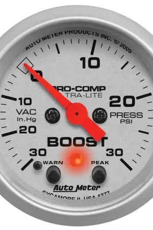 Autometer 2-1/16" Boost/Vacuum w/Peak & Warn 30 In HG/30 PSI Stepper Motor Ultra-Lite Brand New