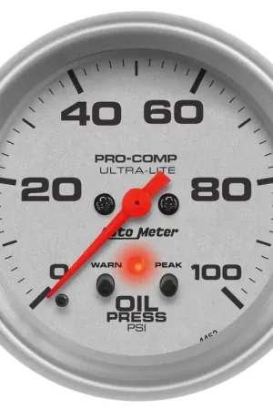 Autometer 2-5/8" Oil Pressure w/Peak & Warn 0-100 PSI Stepper Motor Ultra-Lite Top Rated